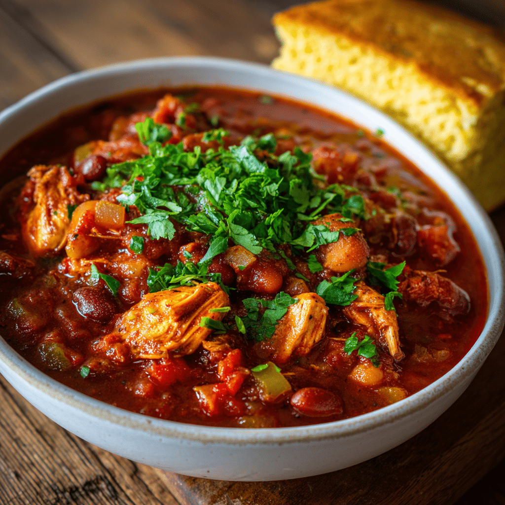 A hearty bowl of smoked chicken chili steaming hot, filled with smoked chicken