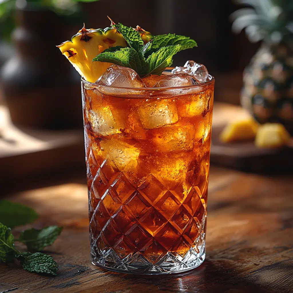 Costa Rican Tropical Tea served in a clear glass, with a light golden color, ice cubes, and garnished with a fresh mint sprig and a pineapple slice on the rim