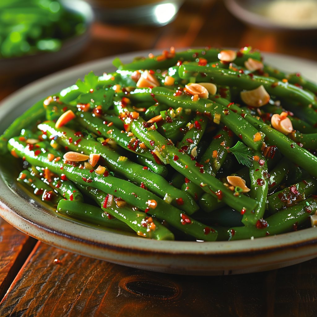 Close-up image of garlic-herbed sautéed green beans made from a frozen green beans recipe for a healthy and delectable side dish.