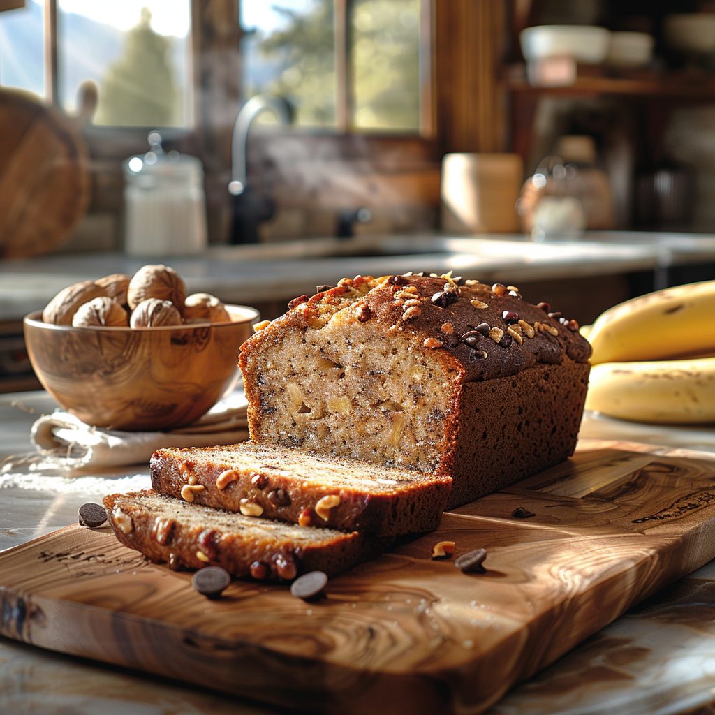 A photo showcasing a delicious high altitude banana bread made using a special recipe for optimal flavor and texture.