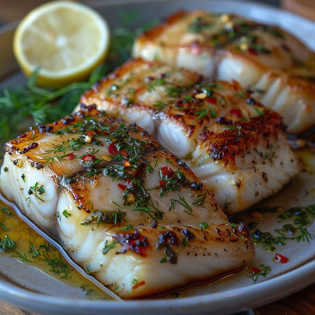 Zesty Herb-Marinated Triggerfish dish served on white plate, offering a tantalizing seafood experience