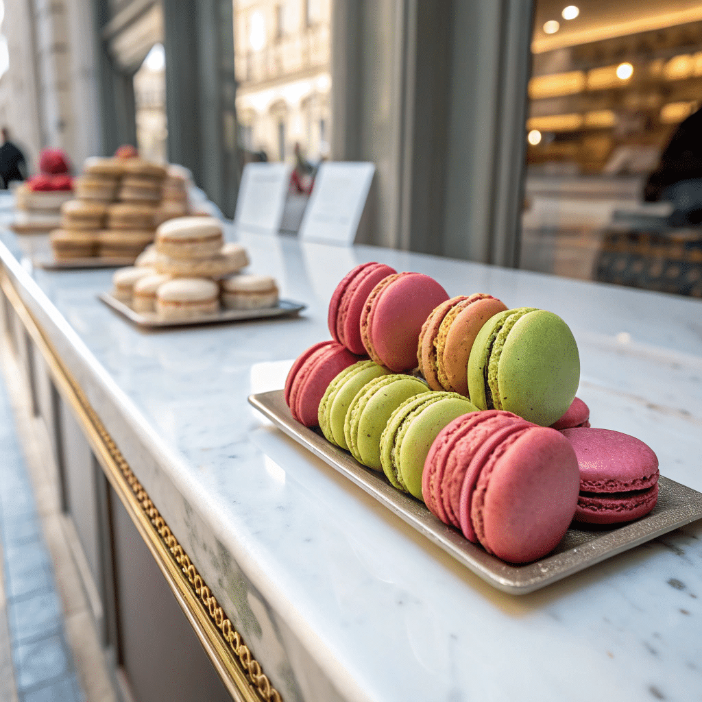 macarons in a Parisian patisserie window