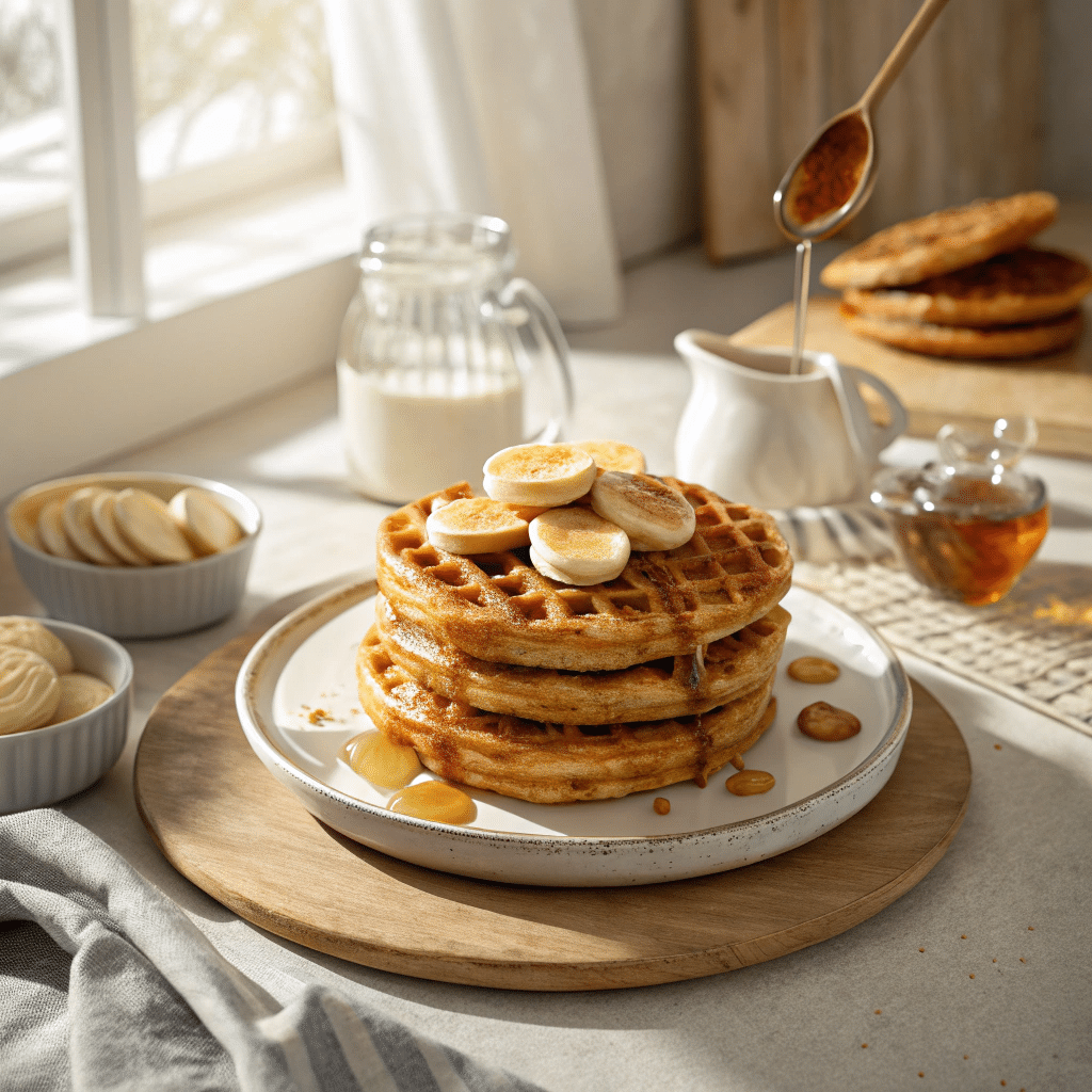 A golden-brown stack of Kodiak protein waffles