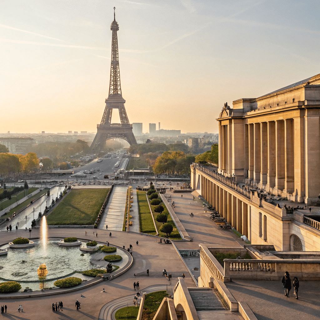 A grand, iconic public square in the heart of Paris, Trocadéro