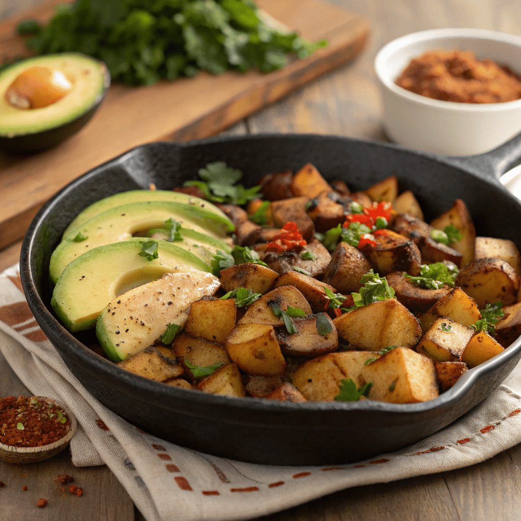 hearty mushroom and potato hash served in a rustic cast-iron skillet