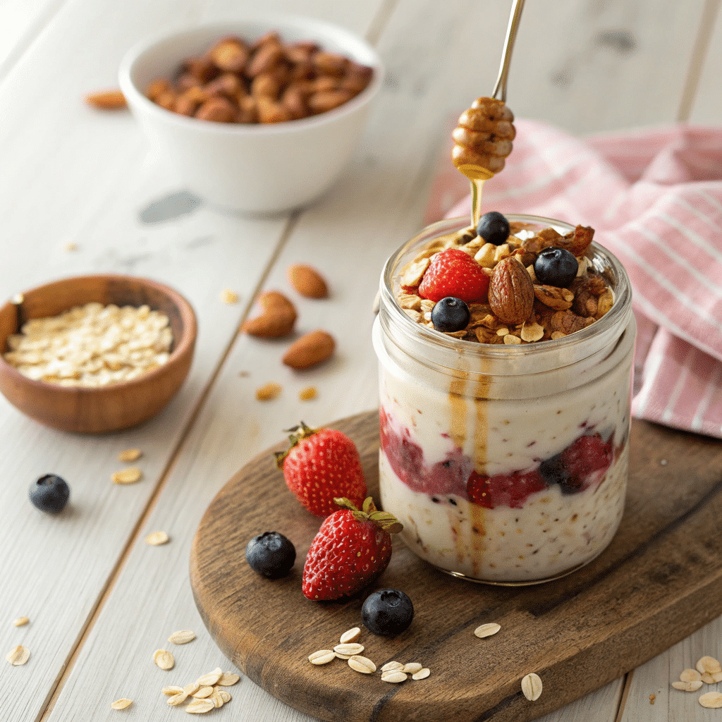 overnight oats in a glass jar, featuring a layered blend of creamy oats, fresh berries, and a drizzle of honey