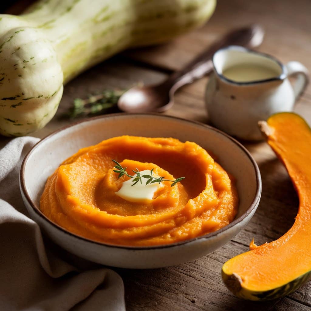 A warm and creamy tromboncino squash puree served in a shallow white ceramic bowl
