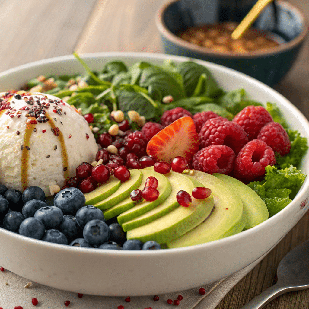 vegan breakfast bowl overflows with a colorful medley of fresh ingredients. In the foreground, a mound of creamy, protein-packed silken tofu mingles with juicy slices of ripe avocado and a scattering of crunchy, nutrient-dense pomegranate seeds