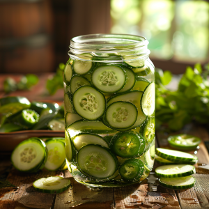 clear glass jar filled with sliced cucumbers and jalapeños