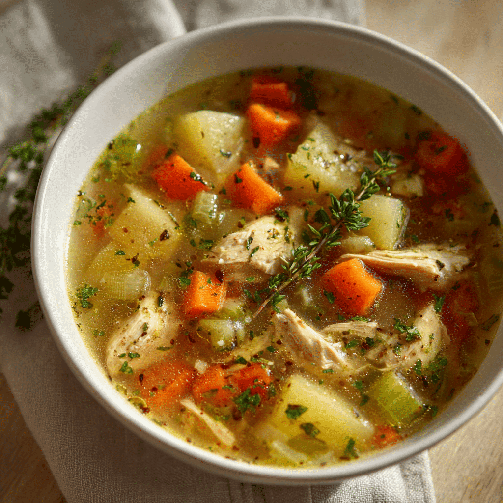 bowl of smoked chicken soup with chunks of smoked chicken