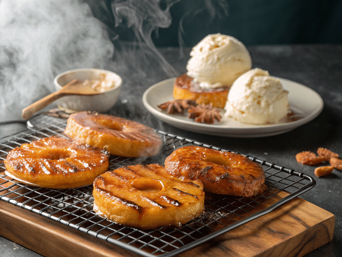 caramelized pineapple rings on a grill