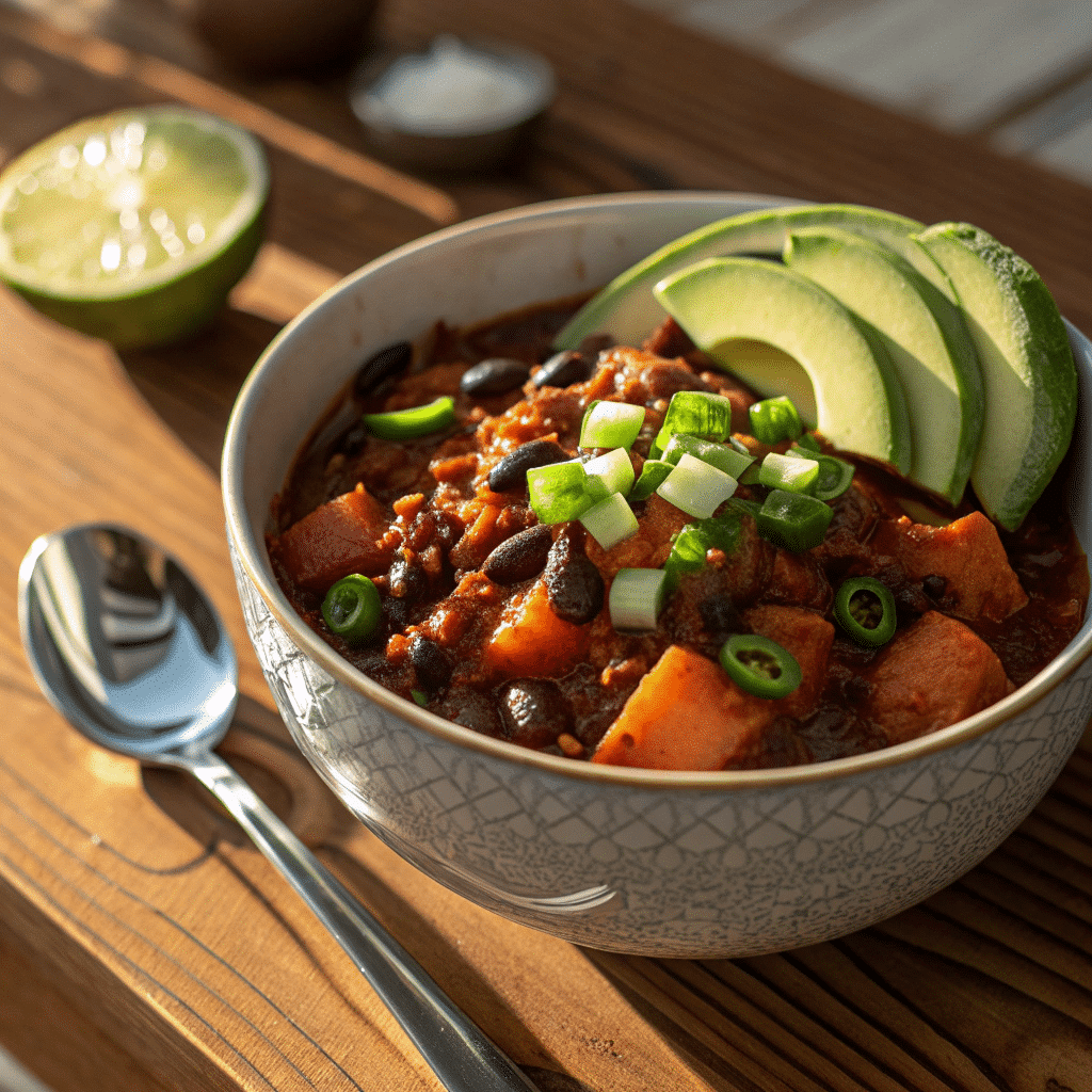 hearty vegan sweet potato and black bean chili in a deep bowl