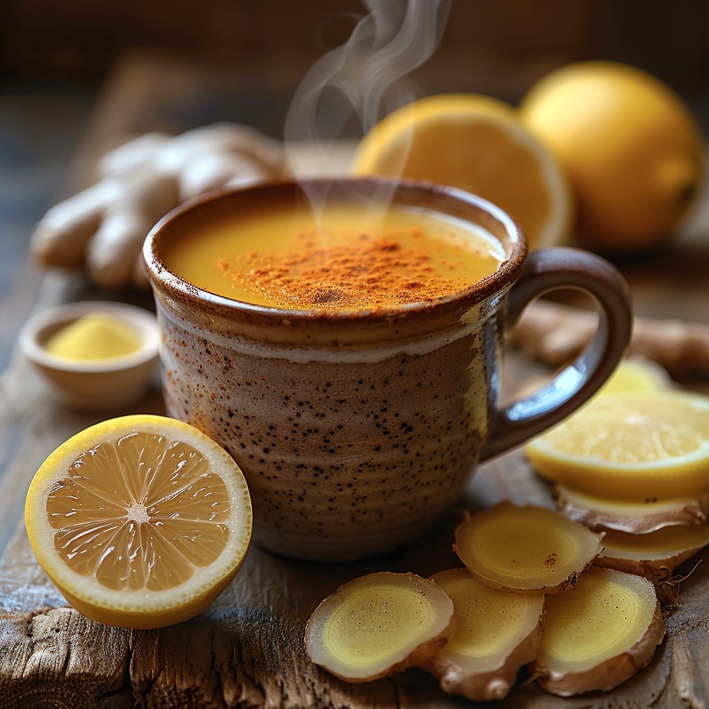 A traditional flu bomb recipe containing natural ingredients like honey, lemon, and ginger