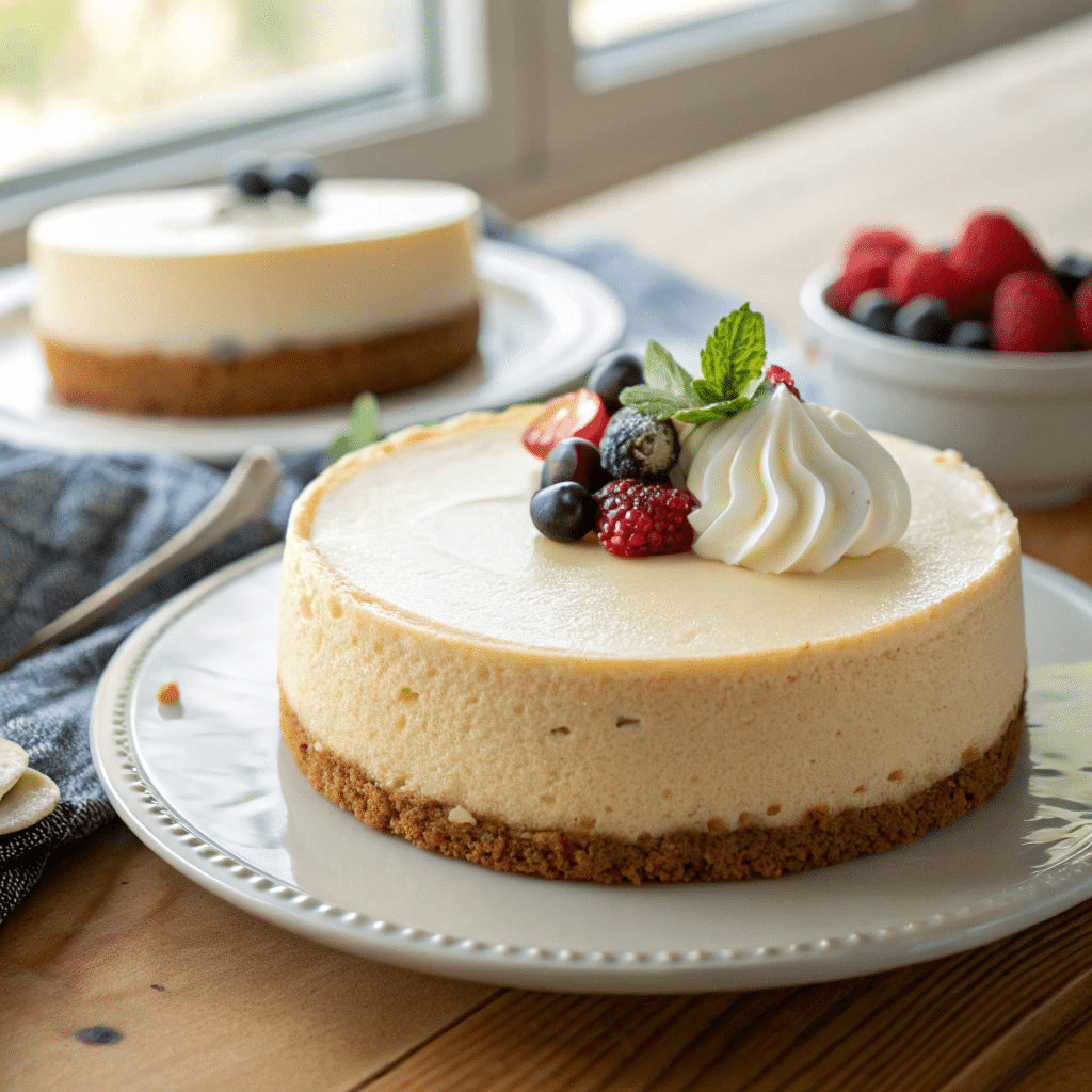 freshly baked Philadelphia cheesecake made with a graham cracker crust