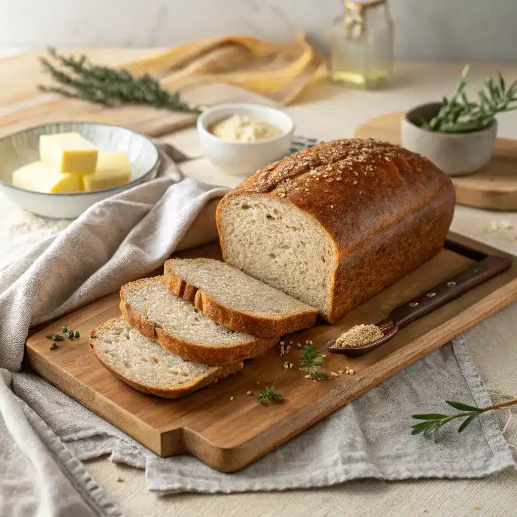 freshly baked loaf of buckwheat bread, resting on a wooden cutting board