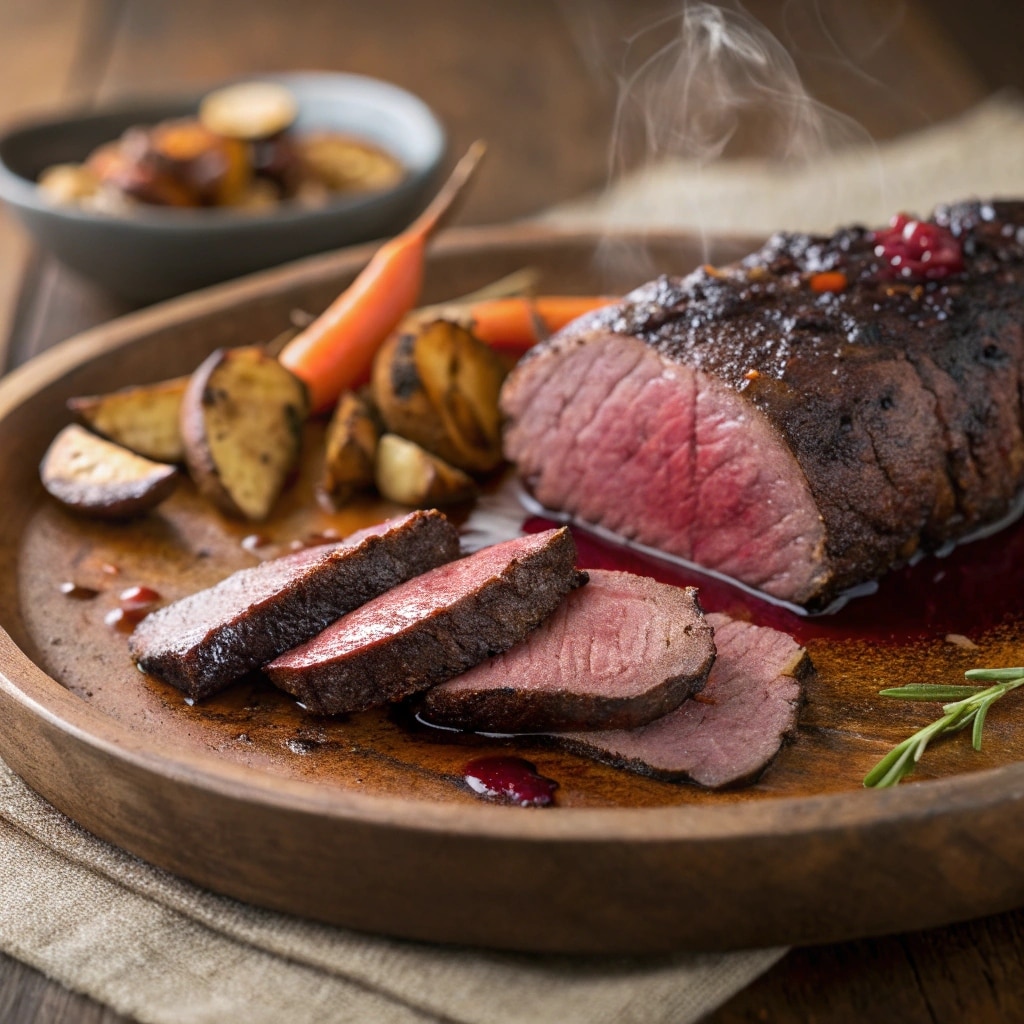 freshly cooked elk tenderloin sliced and served on a rustic wooden plate
