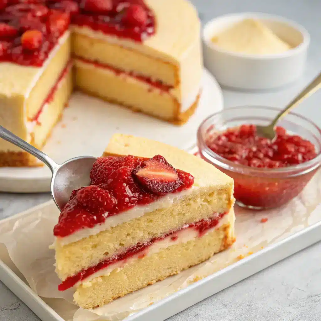 slice of cake being layered with homemade strawberry filling