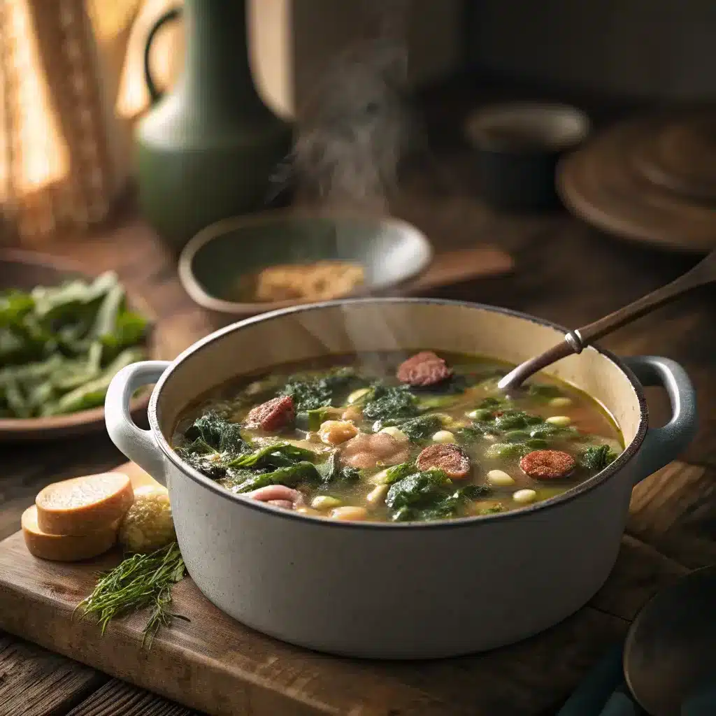 Southern Turnip Green Soup simmering on a rustic stovetop