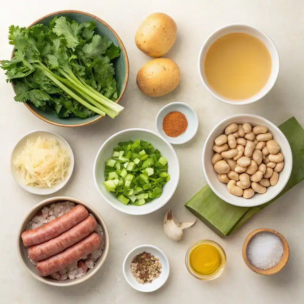 the raw ingredients for making Southern Turnip Green Soup arranged neatly on a light-colored surface. Include fresh turnip greens, smoked sausage or a ham hock, chopped onion, garlic cloves, chopped celery, a can of cannellini beans, chicken broth, potatoes, apple cider vinegar, sugar in a small bowl, salt, pepper, and nutmeg