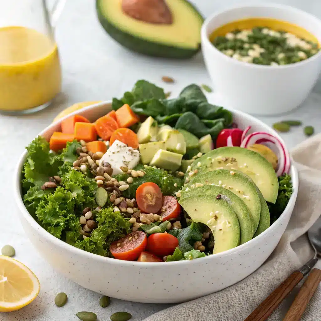 A bountiful salad bowl overflows with a vibrant array of fresh, nutrient-dense greens, crisp vegetables, and vibrant accents