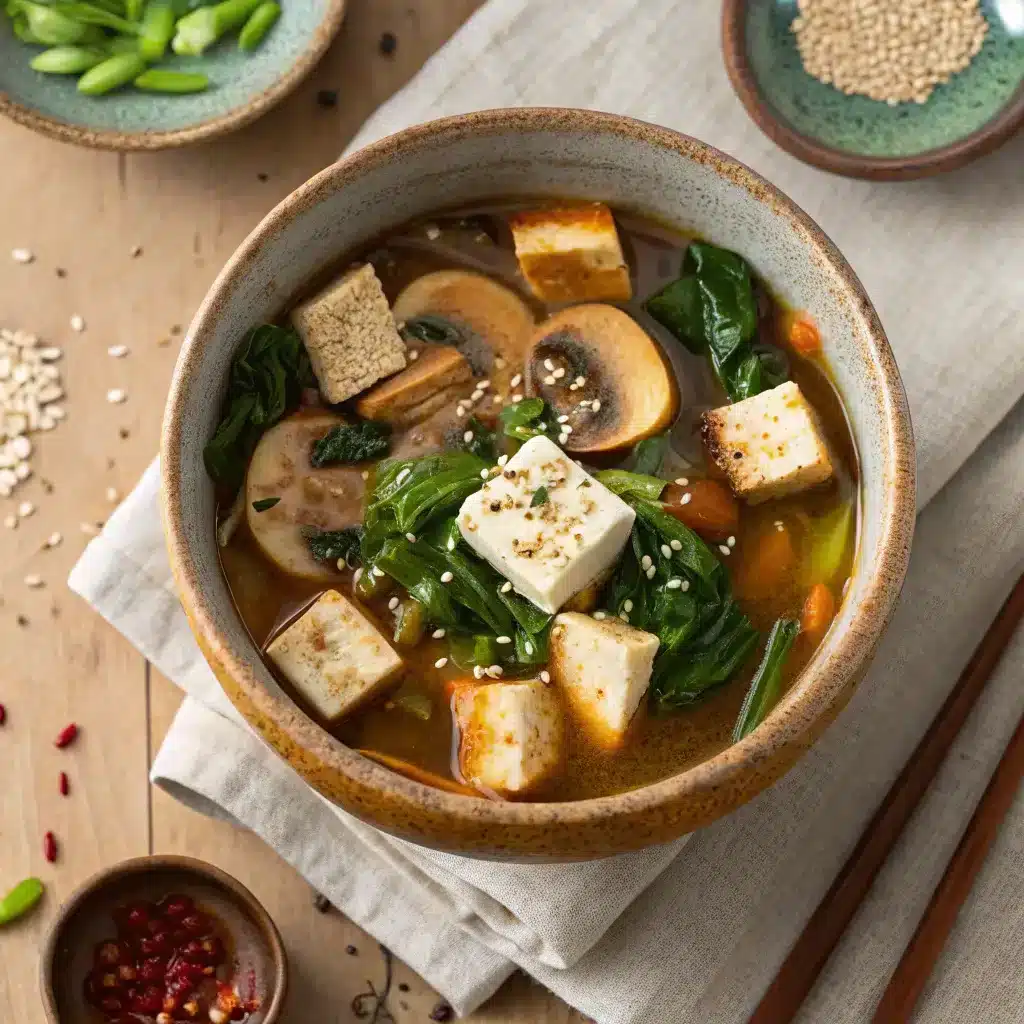 hearty miso-based tofu stew in a rustic ceramic bowl. Firm tofu cubes float among sliced mushrooms and vibrant greens, with a small pat of plant-based butter melting on top