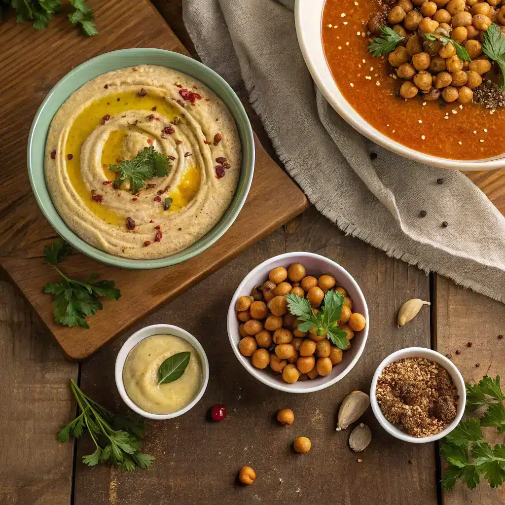 a creamy bowl of chickpea hummus drizzled with olive oil, a vibrant lentil curry with coconut milk, a small bowl of roasted chickpeas sprinkled with spices, and a hearty lentil soup garnished with fresh herbs
