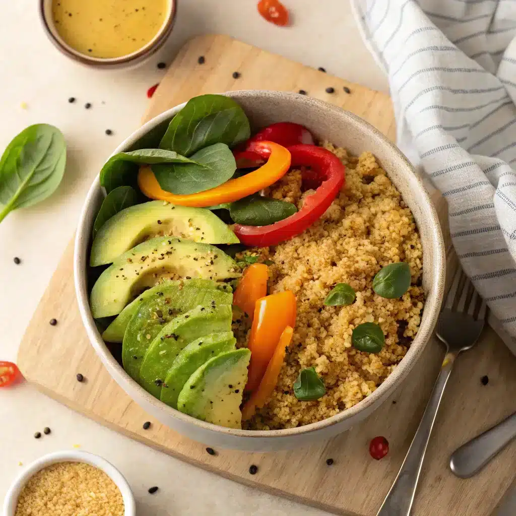 grain bowl featuring golden, toasted quinoa mixed with fresh spinach, sliced bell peppers, and avocado on top.