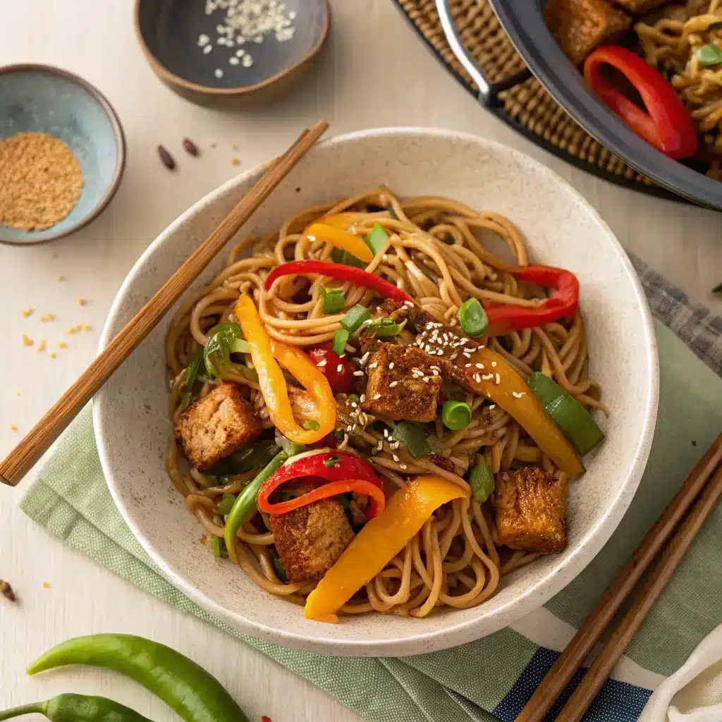 spicy tempeh stir-fry with whole wheat noodles, colorful peppers, and crunchy vegetables