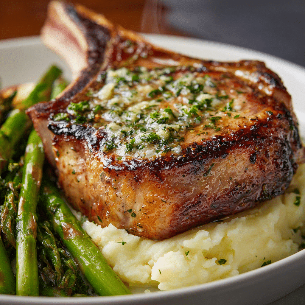 tomahawk pork chop plated with mashed potatoes and roasted asparagus