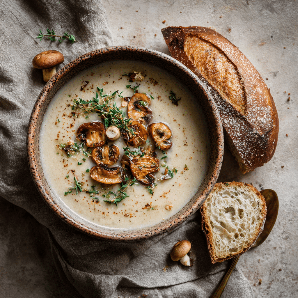 A creamy cauliflower mushroom soup served in a neutral-toned ceramic bowl on a wooden table