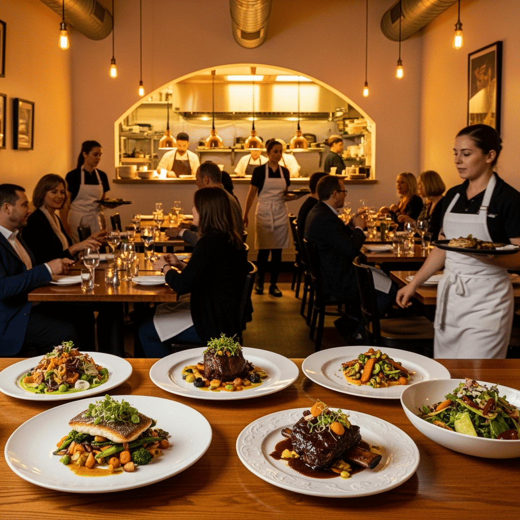 A cozy, well-lit restaurant interior, with wooden tables, warm lighting, and a vibrant open kitchen in the background. The foreground features an array of artfully arranged plates, showcasing a variety of locally-sourced ingredients and innovative culinary creations. The middle ground captures the bustling energy of the dining room, with patrons engaged in animated conversations and the attentive staff moving gracefully between the tables. The overall atmosphere exudes a sense of community, culinary excellence, and the unique charm of Salt Lake City's emerging dining scene.