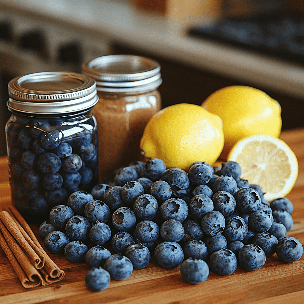 ingredients for blueberry pie filling. Fresh blueberries, clear jel, sugar, bottled lemon juice, a jar of cinnamon, and clean, sterilized mason jars are neatly arranged on a wooden kitchen countertop