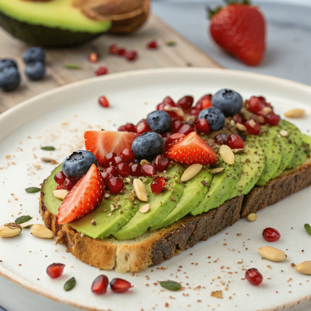 seasonal fruit on top of my avocado toast for a refreshing change. Sliced strawberries, pomegranate seeds, or a few blueberries bring a nice pop of flavor and color. Adding some nuts or seeds gives a nice crunch that brings everything together.