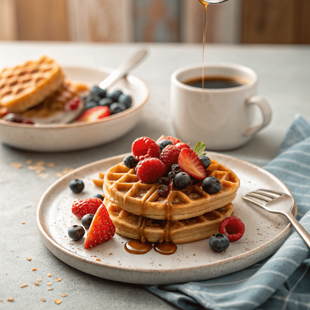freshly made Kodiak protein waffles topped with fresh berries and a drizzle of honey