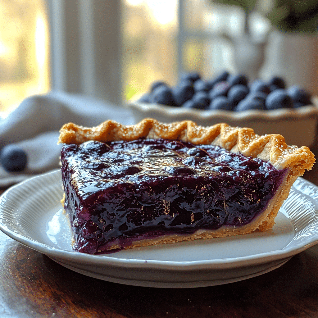 slice of blueberry pie with the homemade canned filling, plated on a white ceramic dish
