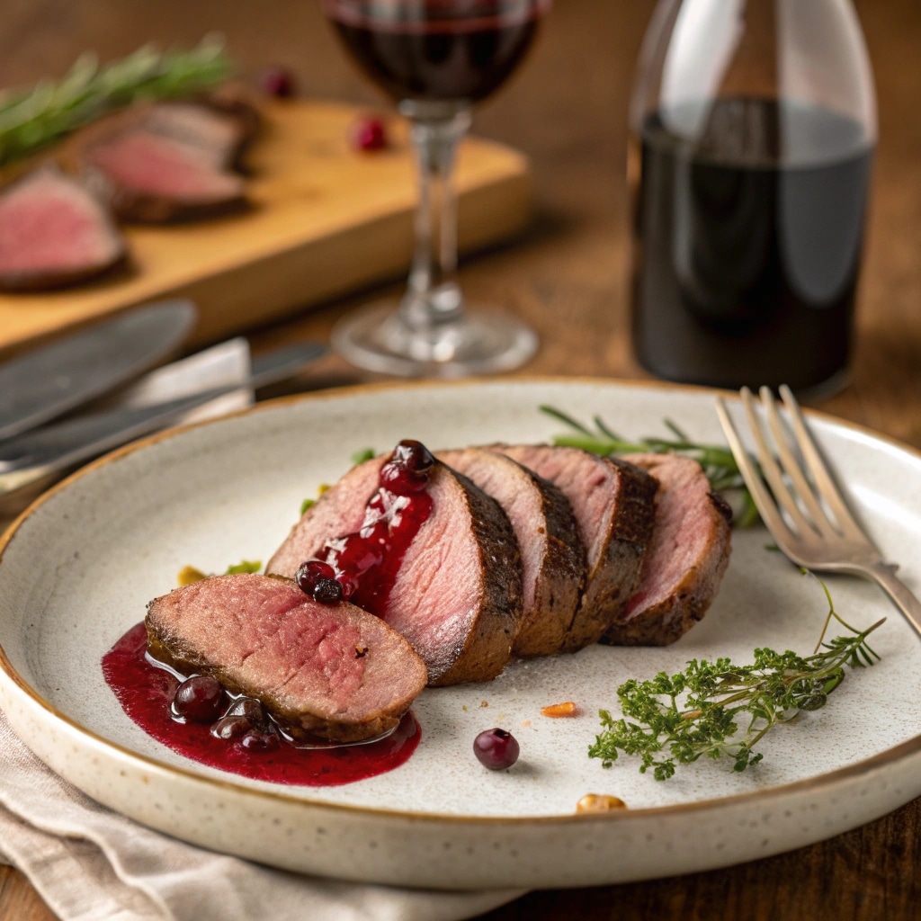 sliced elk tenderloin served with cherry sauce