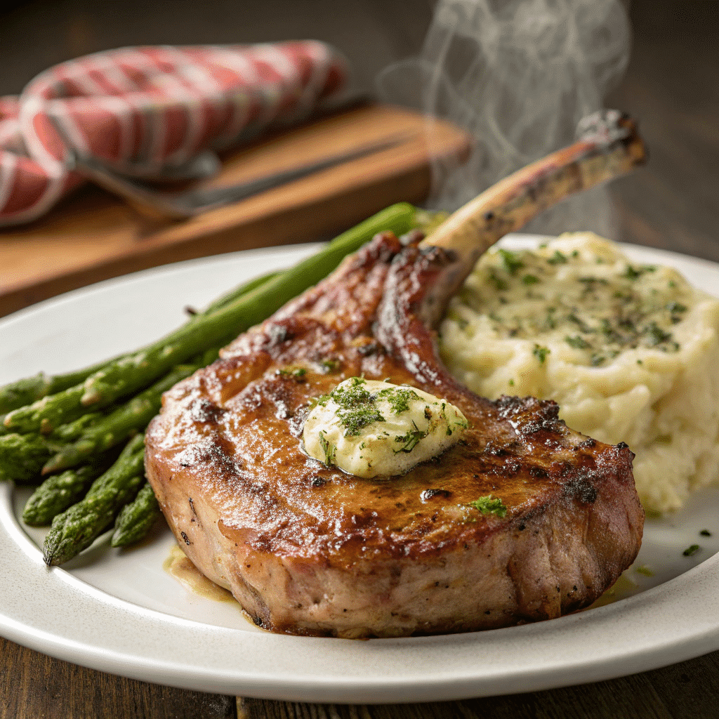 tomahawk pork chop plated with mashed potatoes and roasted asparagus