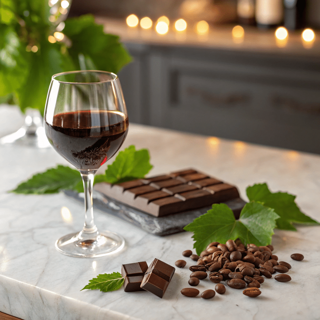 a glass of rich, ruby-red wine rests elegantly on a marble surface, its deep hues catching the soft, warm lighting. Beside it, a delectable square of dark chocolate2