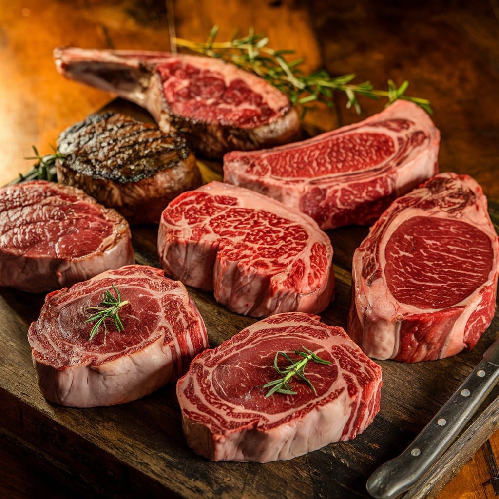 Juicy, tender cuts of beef including ribeye, filet mignon, and New York strip, each showcasing its distinct marbling, texture, and color