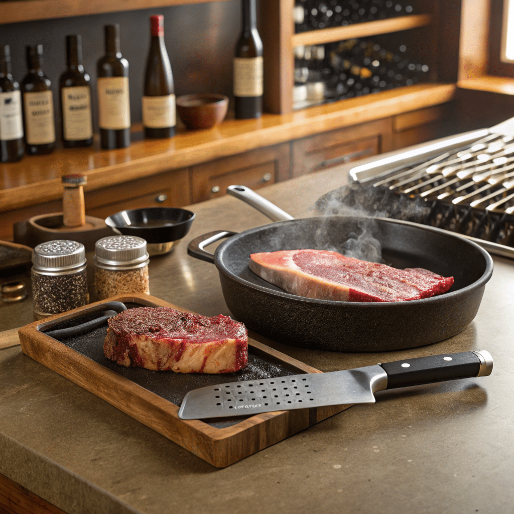 a thick, juicy steak is being seared on a hot cast-iron pan, with a gentle sizzle and plumes of aromatic smoke rising