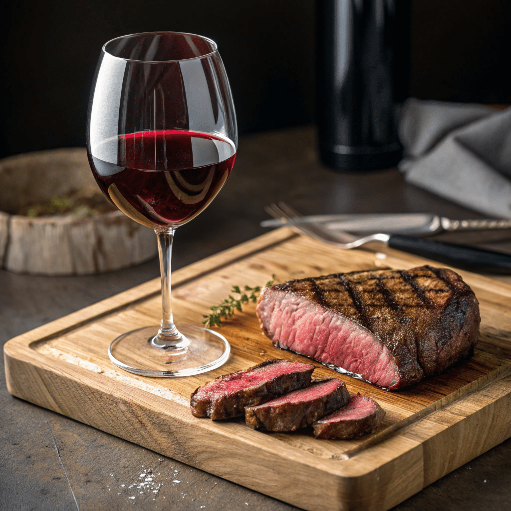 glass of rich, ruby-red cabernet sauvignon paired with a juicy, perfectly grilled steak.