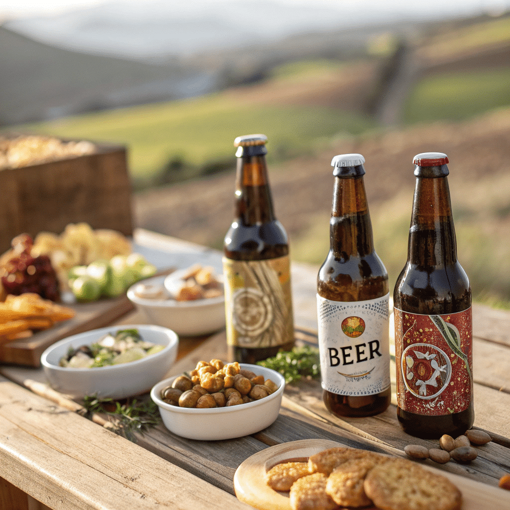 artisanal beer bottles and a selection of complementary food items