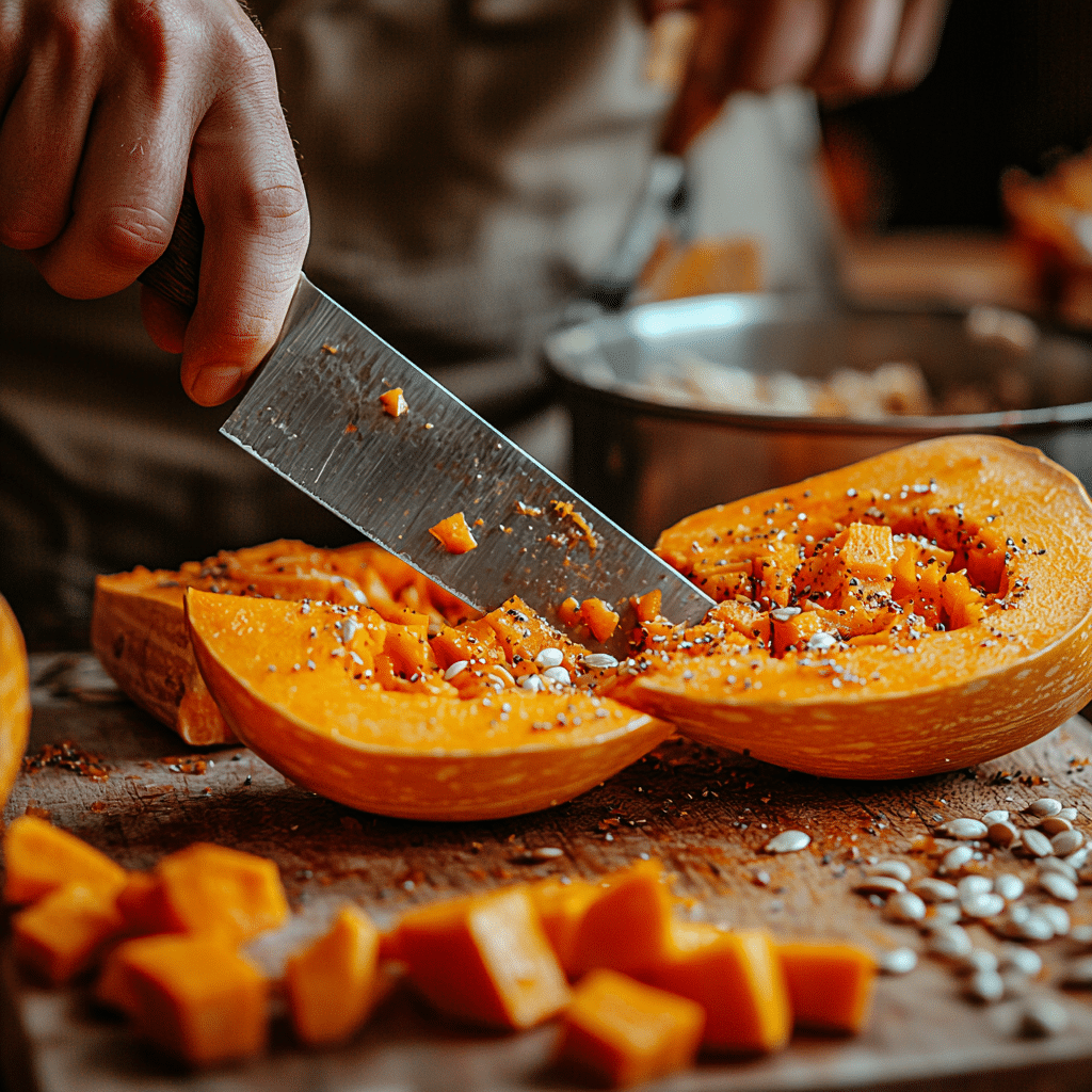 cutting a Calabaza squash in half using a sharp chef’s knife.