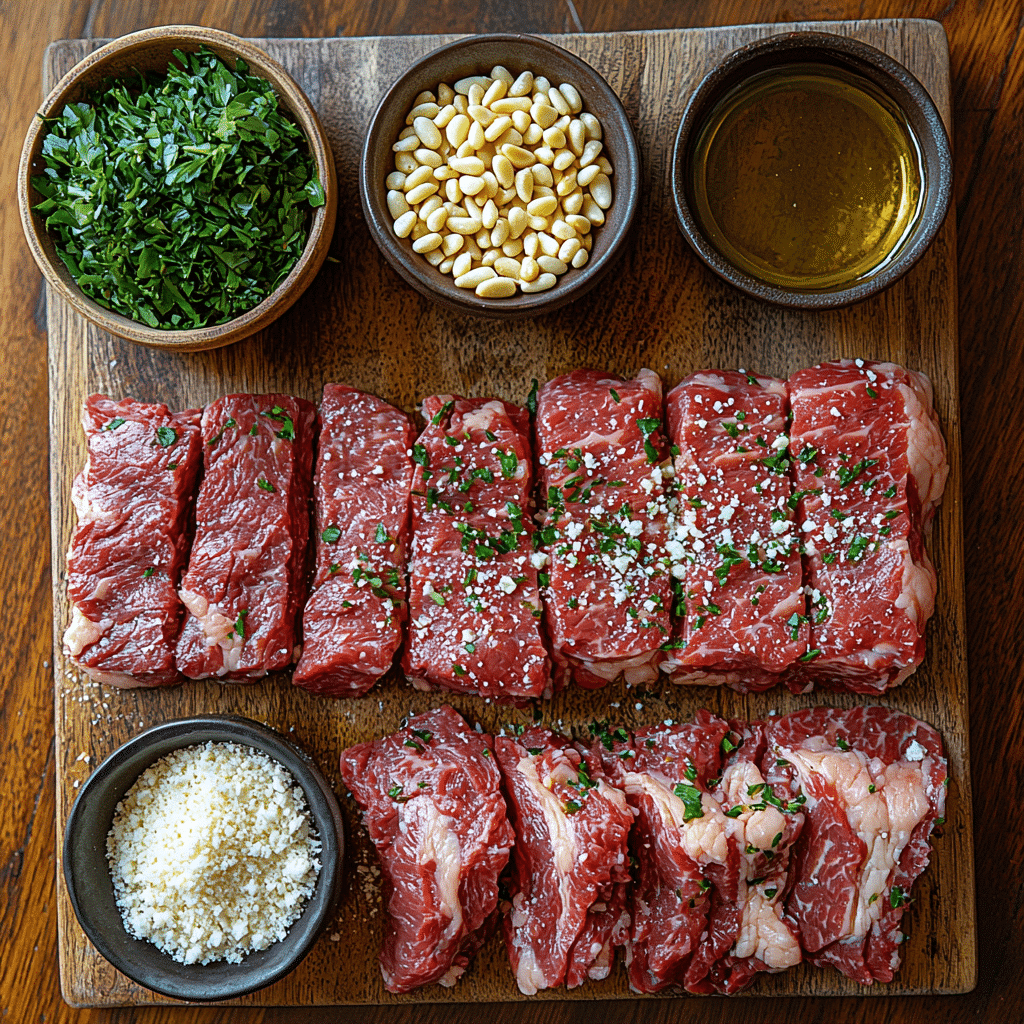 fresh ingredients for Italian braciole - thinly sliced flank steak, grated Pecorino cheese, chopped fresh parsley, breadcrumbs, pine nuts, and a small bowl of olive oil