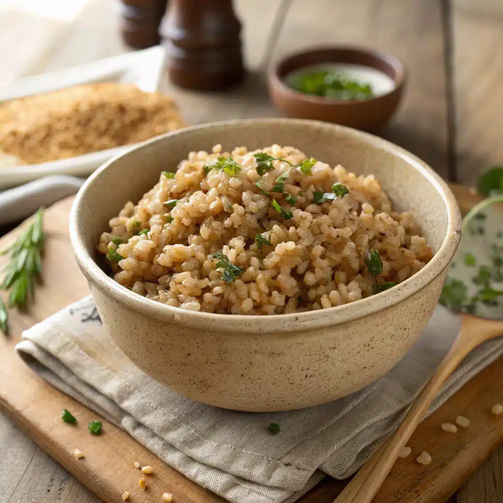 cooked farro dish in a ceramic bowl, garnished with a drizzle of olive oil and a light sprinkle of herbs