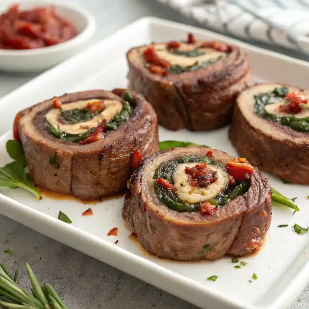 freshly grilled pinwheel steaks stuffed with spinach, cheese, and sun-dried tomatoes, arranged on a white serving platter