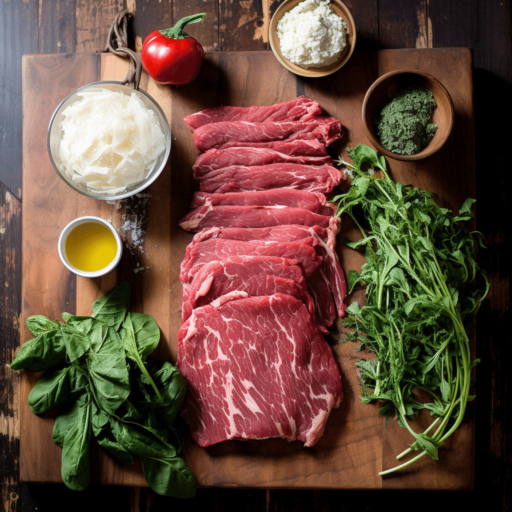 raw flank steak, fresh spinach, shredded mozzarella cheese, sun-dried tomatoes, olive oil, garlic cloves, salt, pepper, and butcher’s twine