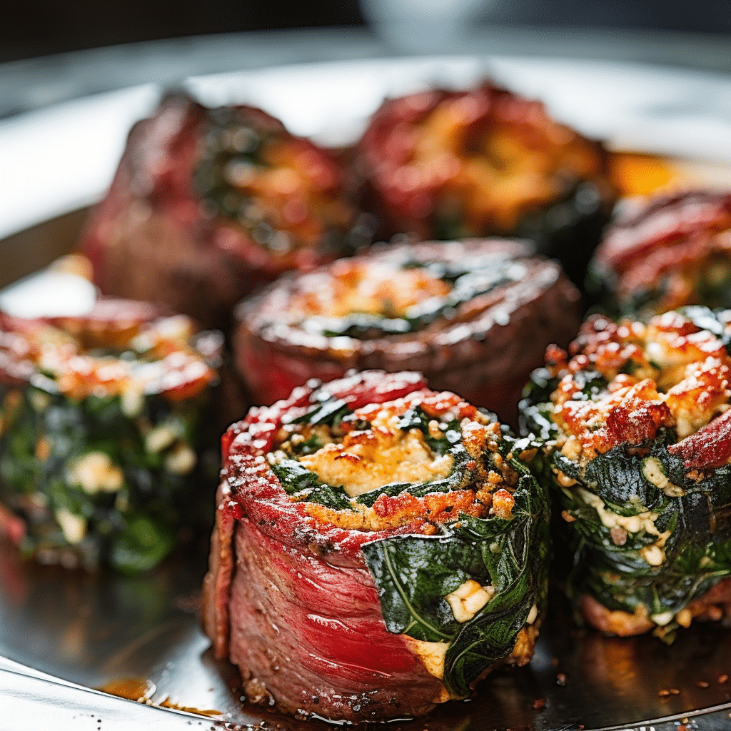 freshly grilled pinwheel steaks stuffed with spinach, cheese, and sun-dried tomatoes, arranged on a white serving platter