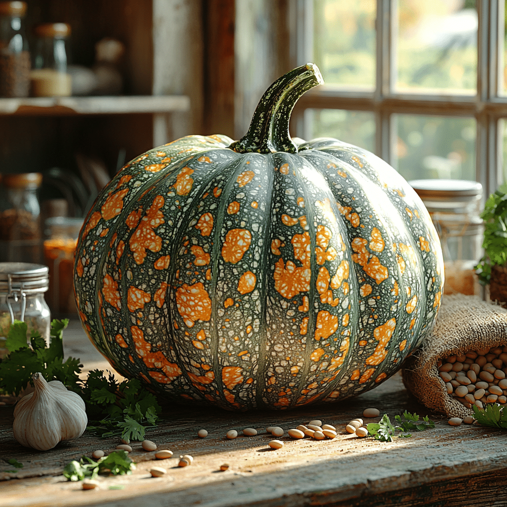 whole Calabaza squash resting on a rustic wooden kitchen countertop