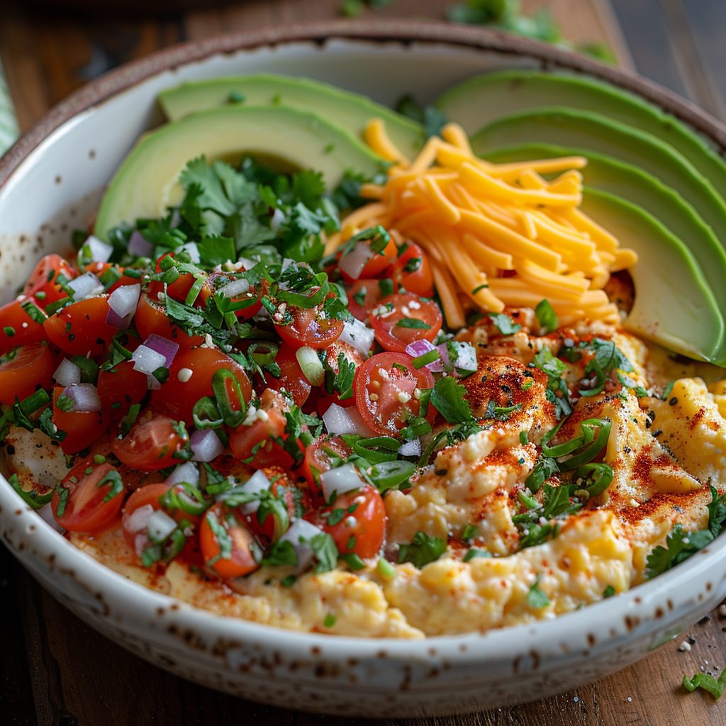 Mouthwatering Tex-Mex Scrambled Eggs neatly served on a plate, featuring a vibrant mix of vegetables and spices